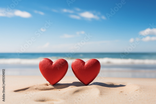 two red hearts on the sand against the background of the ocean on a sunny day