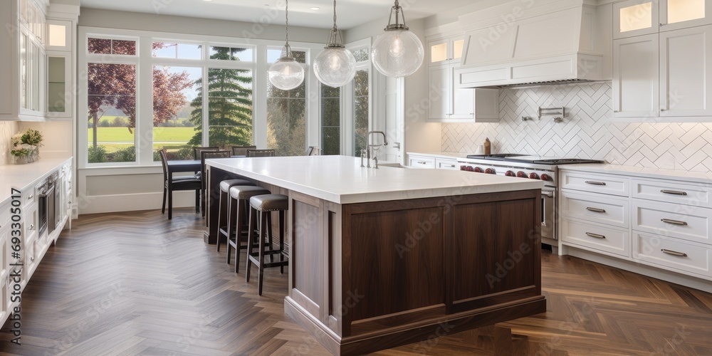 Image showcasing Elegant kitchen with island, sink, cabinets, pendant light, and ...