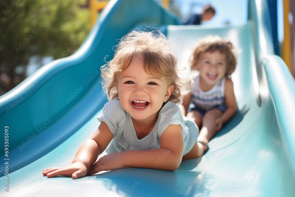 Two little girls having fun on a slide at the playground in the summer. Two little girls having fun on a slide at the playground in the summer.