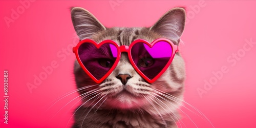 Cat with heart-shaped sunglasses on pink background