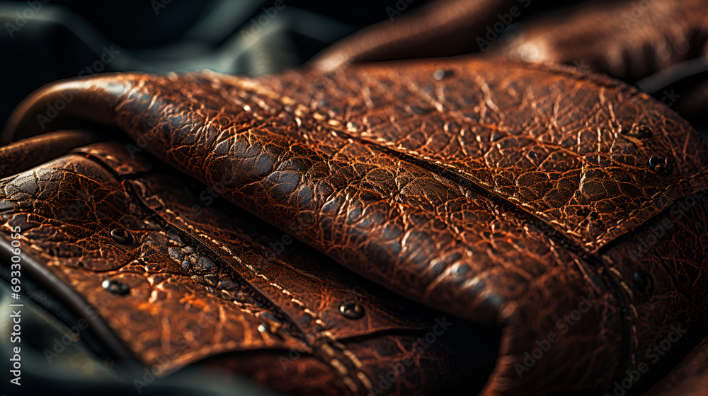 Obraz premium Close up detail of an engraved pattern on an old wooden pistol, close up detail design of trimming and leather finishing of armchair sofa classic style home interior concept,ai generate, Oriental ca
