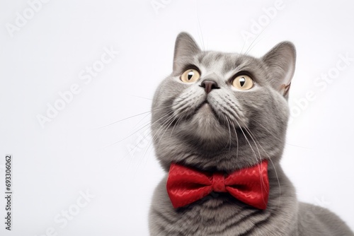 Grey cat with a red bow tie looking up