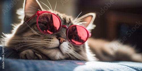 Cat wearing heart-shaped sunglasses lying on a pillow