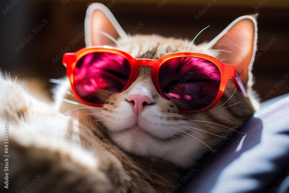 Cat wearing heart-shaped sunglasses lying on a pillow