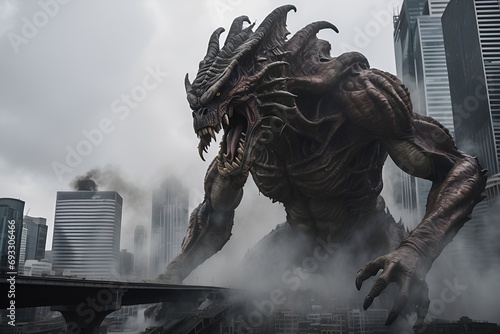 Giant monsters rampage through a city