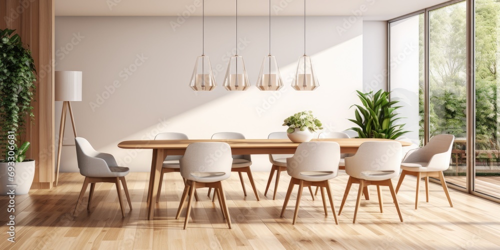 Obraz premium Modern a stylish dining room with white table, wooden chairs, and parquet flooring.