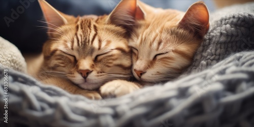 Two cats snuggling on a blanket