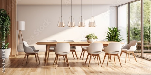 Modern a stylish dining room with white table  wooden chairs  and parquet flooring.