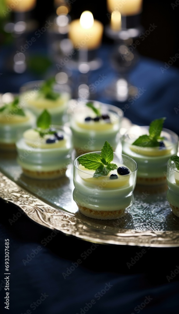 Small desserts on a silver tray with candles. Generative AI. Small desserts on a silver tray with candles. Generative AI.