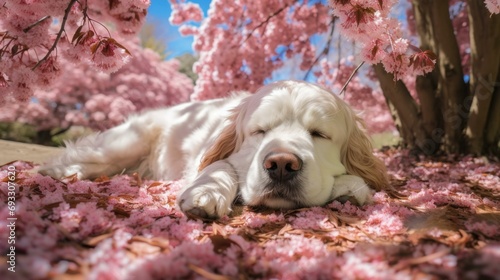 A golden retriever dog sleeping under a tree with pink flowers. Generative AI. photo