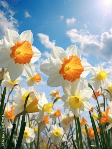 Daffodils in the field with blue sky and sun. Generative AI.