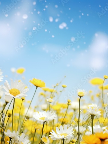 A field of daisies and white flowers against a blue sky. Generative AI.
