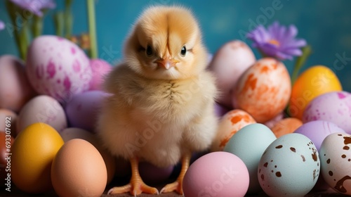 A small baby chick is surrounded by colorful eggs. Generative AI.