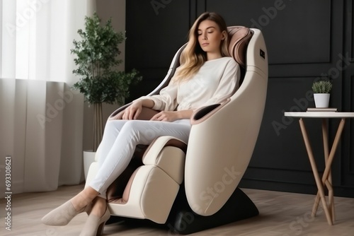 A businesswoman is relaxing on electric massage chair in the living room. photo
