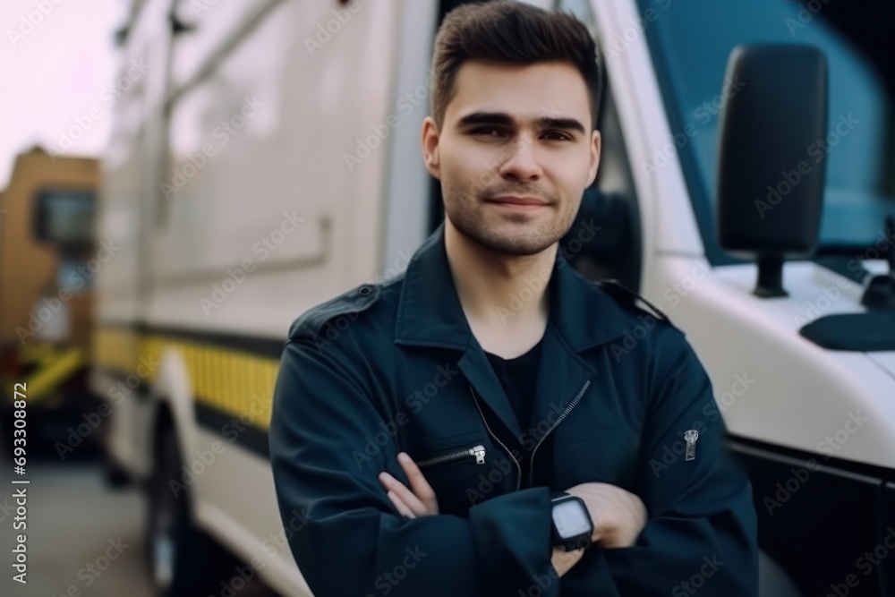 Smiling young male doctor looking of ambulance ready to handle ...