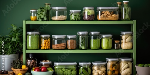 Organized food storage with various items on green shelf in kitchen. photo