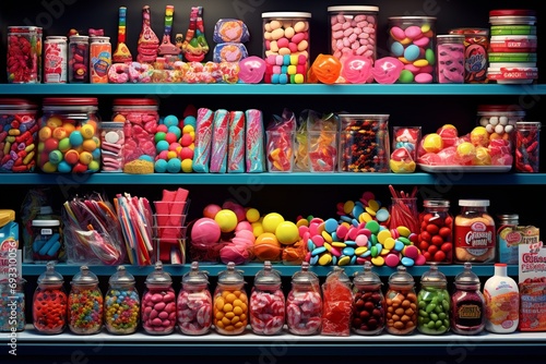 Estantería repleta de dulces coloridos, desde gomas hasta chocolates, perfecta para fiestas photo