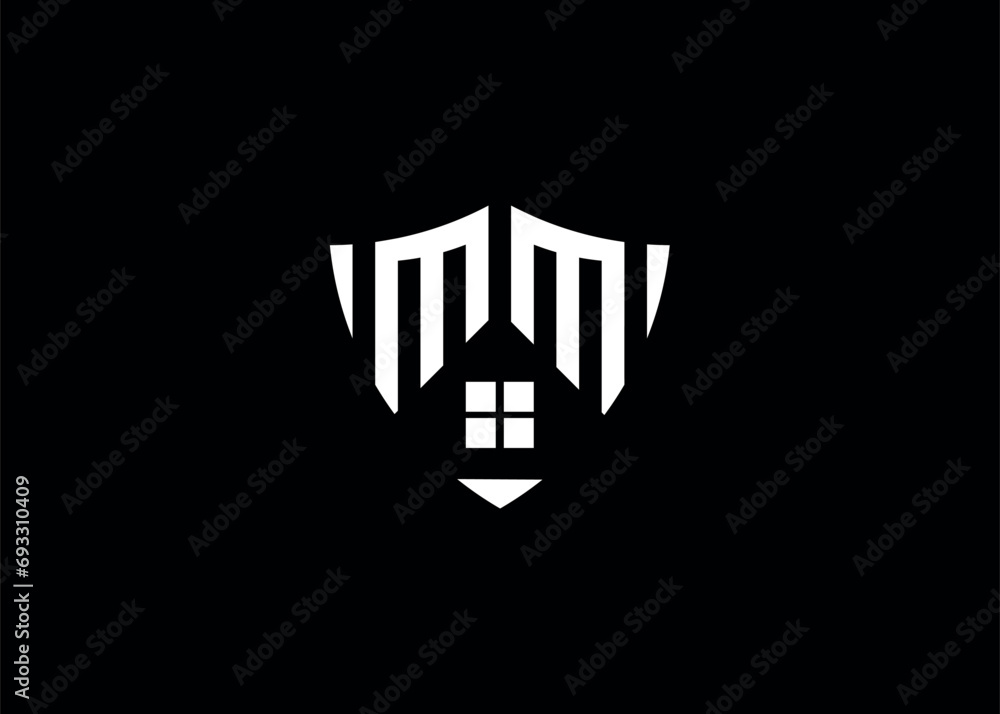 Real estate letter MM shield shape logo and house building vector template Real estate letter MM shield shape logo and house building vector template