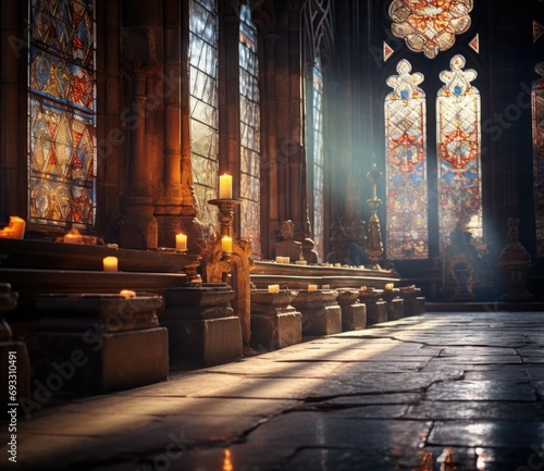 A long, dark room with stained glass windows and candles. Generative AI.