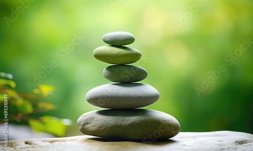 balanced stones arrangement against bright green blurred bokeh background
