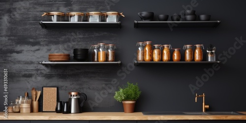 Modern loft-style and rustic kitchen design featuring a black wall with shelving, trays, jars, mugs, and a sink.