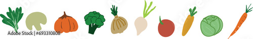 cute cartoon flat vector of fresh vegetable, organic crop, onion turnip mushroom cabbage carrot tomatopumpkin photo