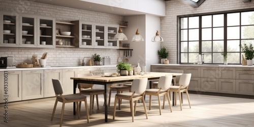  a modern kitchen with dining space  featuring Scandinavian vintage style
