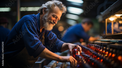 A stylishly dressed man radiates pure joy as he admires a bottle in an indoor setting