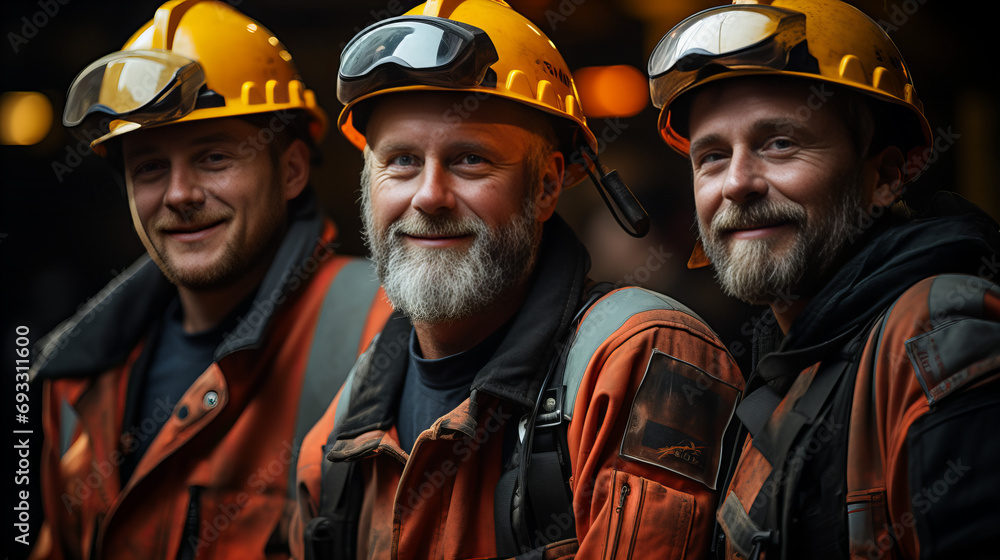 A group of rugged blue-collar workers, with their faces hidden behind sturdy helmets and beards, stand together in their high-visibility workwear, ready to take on any challenge as they represent the A group of rugged blue-collar workers, with their faces hidden behind sturdy helmets and beards, stand together in their high-visibility workwear, ready to take on any challenge as they represent the