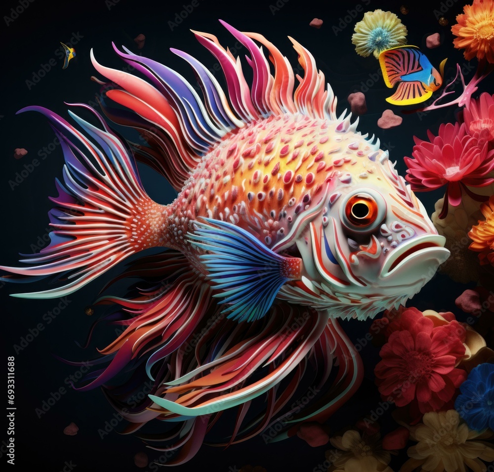 Fototapeta premium A vibrant fish in a coral reef dances with grace, surrounded by flowers and butterflies. Generative AI.