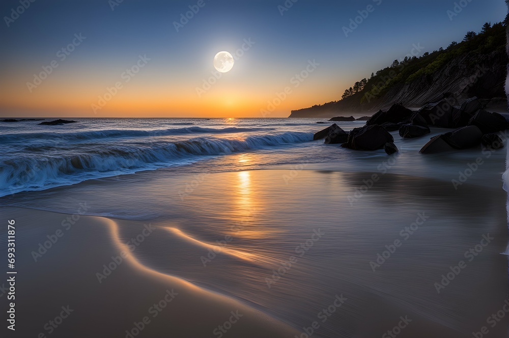 Gentle waves kissing the shore as the moonlight bathes a secluded beach in a silver glow.

