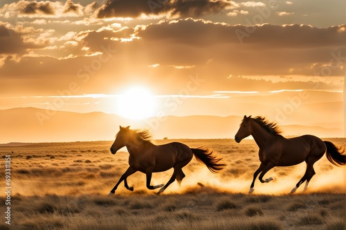 A pair of wild horses galloping freely across a vast, sun-kissed plain.