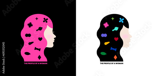 vector illustration profile of a women pink black colorful shape hairpin hairgrip pretty girl clip cartoon abstract minimalistic portrait female side face head 