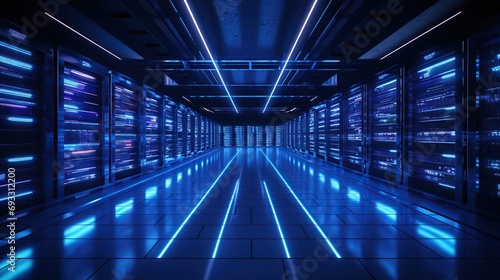  Data Technology Center Server Racks Working in Dark Facility. Concept of Internet of Things, Big Data Protection, Cryptocurrency Farm, Cloud Computing. 3D Shot of Information Storage Facility