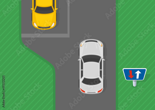 Traffic regulation tips and rules. European priority over oncoming traffic sign. Top view of a car on major lane. Flat vector illustration template.