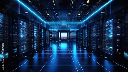 Data center server racks operating in a dimly lighted space. Cloud computing, cryptocurrency farms, big data protection, and the internet of things are concepts. An Information Storage Facility in 3D