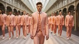 Fashion Week, a lot of male models with a serious face wearing suits defile on the catwalk. The trending color is peach Fuzz 2024 concept.