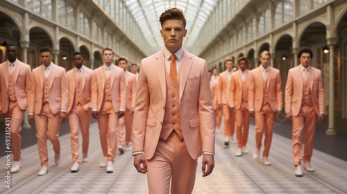 Fashion Week, a lot of male models with a serious face wearing suits defile on the catwalk. The trending color is peach Fuzz 2024 concept. photo