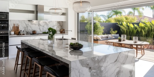 Spacious high-end kitchen in Australia with marble island counter photo