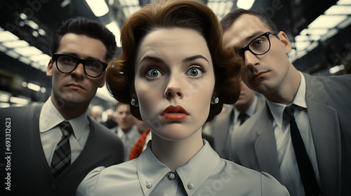 Woman surrounded by men - retro vintage style - office - business - 