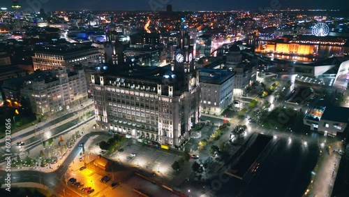 Aerial view Footage of above the Three Graces of Royal Liverpool Building, Cunard and Port of Liverpool in Liverpool photo