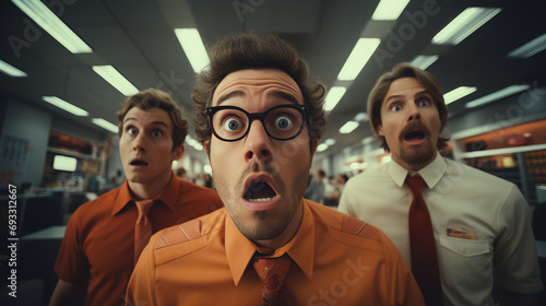 Office workers selfie - zoom - webcam - FaceTime - business meeting - shock - surprised - overwhelmed - meeting 