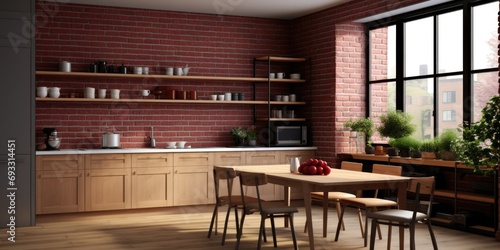  of an L-shaped kitchen with a white interior  dark red brick accents  wooden features  a large window  and kitchen utensils.