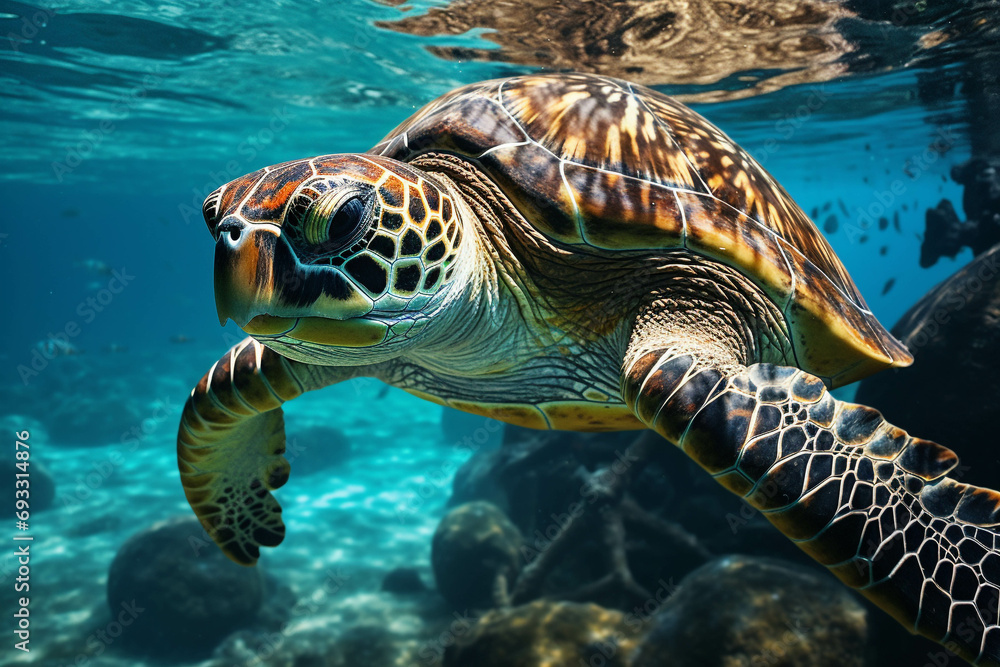 Fototapeta premium Image of a sea turtle swimming in the sea.