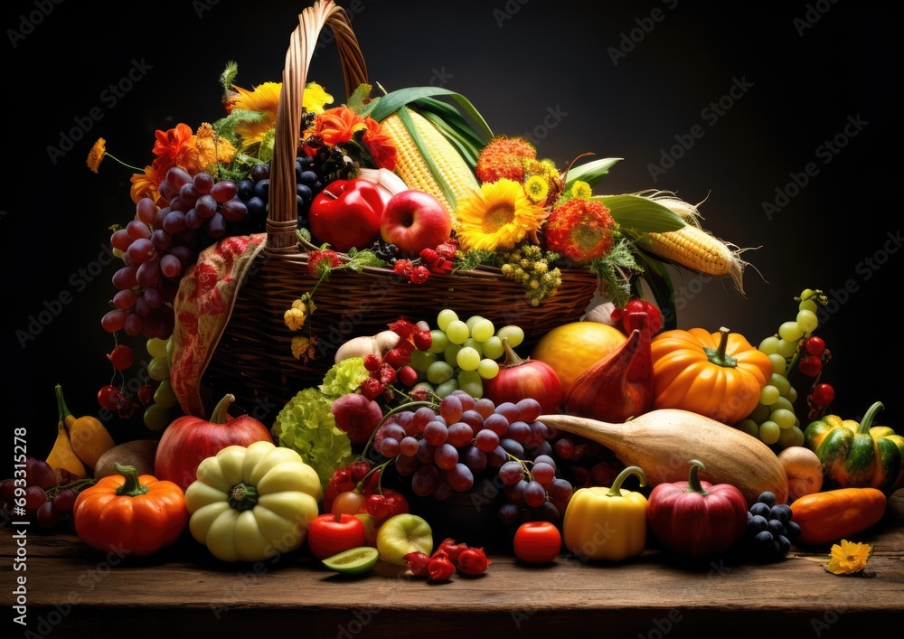 A close-up shot of a beautifully arranged cornucopia overflowing with fresh fruits and vegetables,