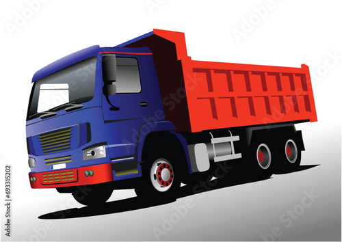 Blue-red truck on the road. Vector 3d illustration