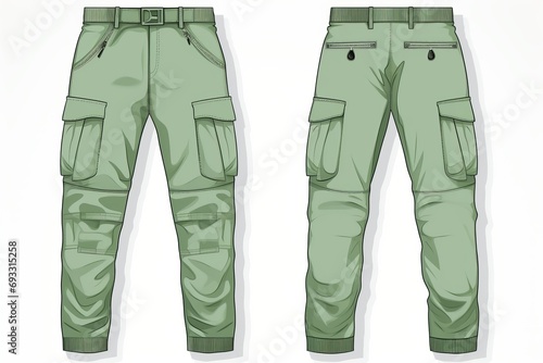 Cargo Pants technical fashion Illustration, green design. Jeans Pants fashion flat technical drawing template, gusset pockets, front, side and back view, green, women, men, unisex CAD mockup set photo