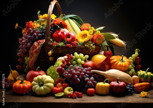 A close-up shot of a beautifully arranged cornucopia overflowing with fresh fruits and vegetables 