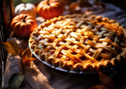 A close-up shot of a beautifully decorated pumpkin pie, captured from an overhead angle to showcase