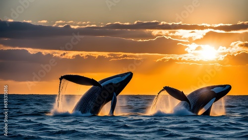 A pod of whales breaching the surface of the ocean, capturing the raw power and beauty of marine life.